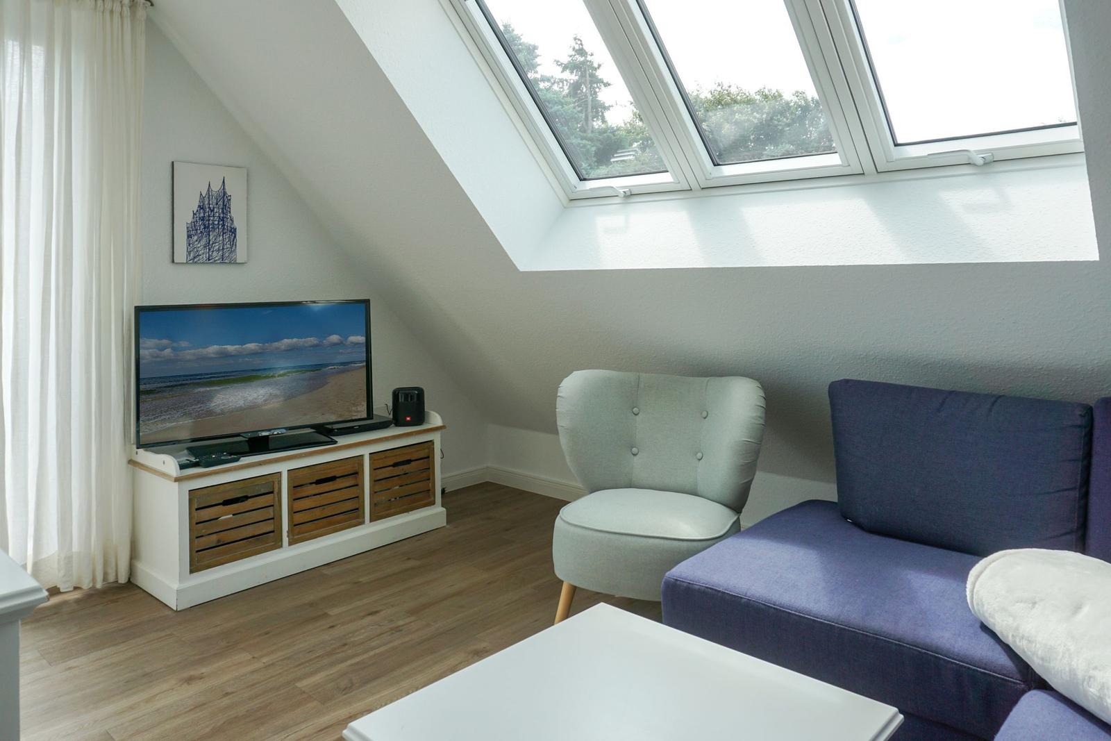 Living room with TV, seating, and skylight.