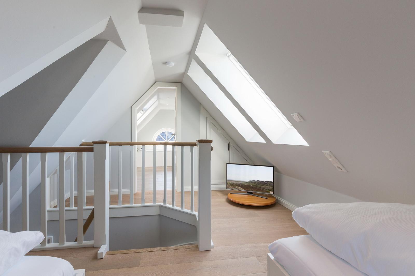 Attic room with sofa bed, TV, and skylights.