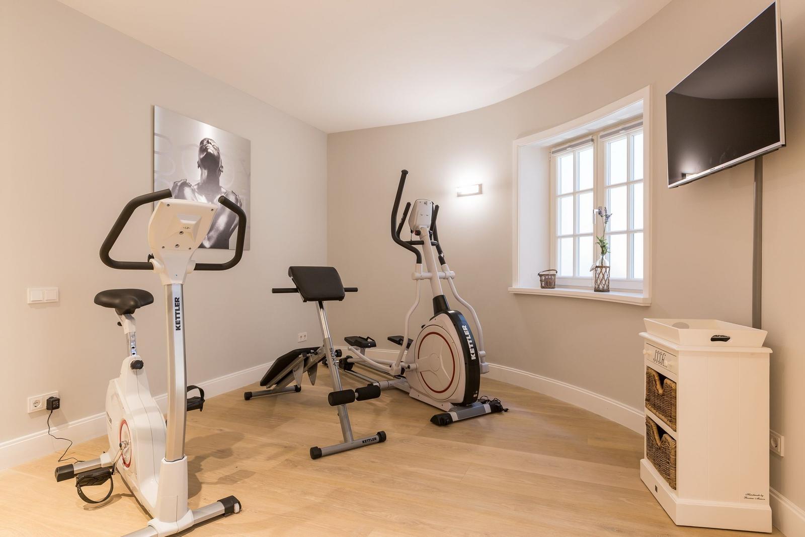 Fitnessraum mit Fahrradtrainer und Laufband, Wandbild und Fenster.