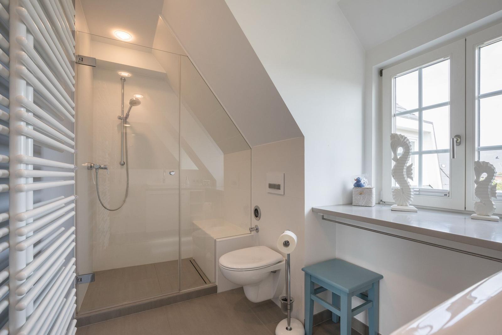 Bathroom with shower, toilet, and window with sea horse decorations.