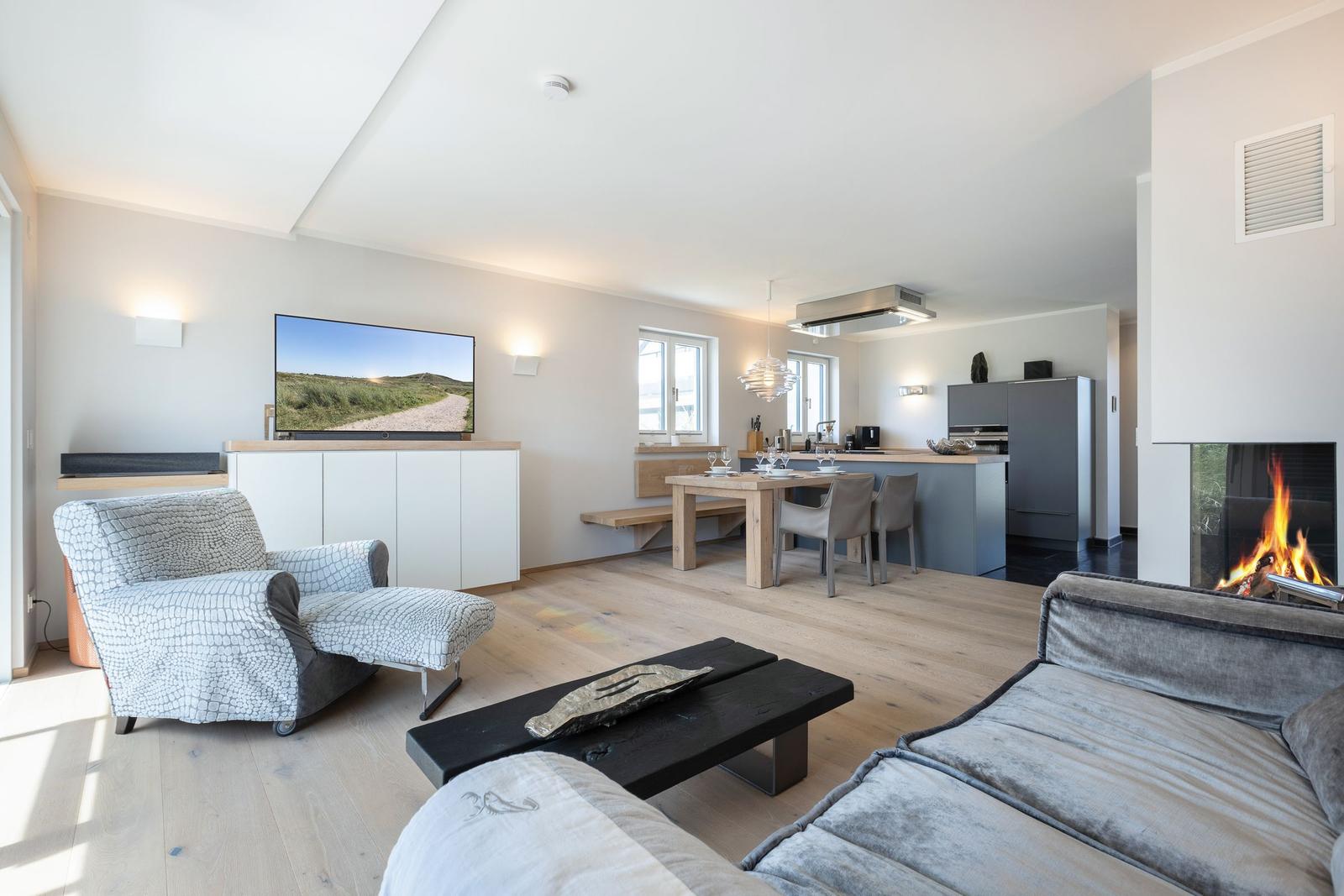 Living and dining area with fireplace, TV, and dining table.