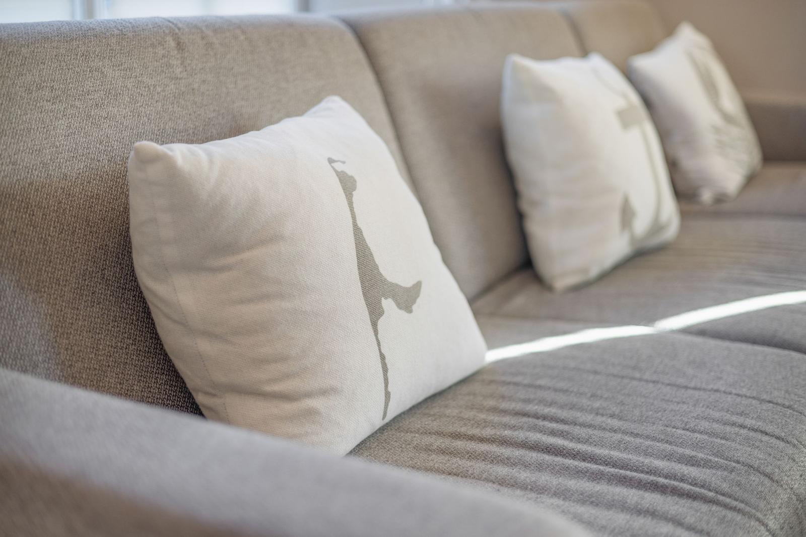 Ein Sofa mit Kissen, eines mit Hundemotiv.