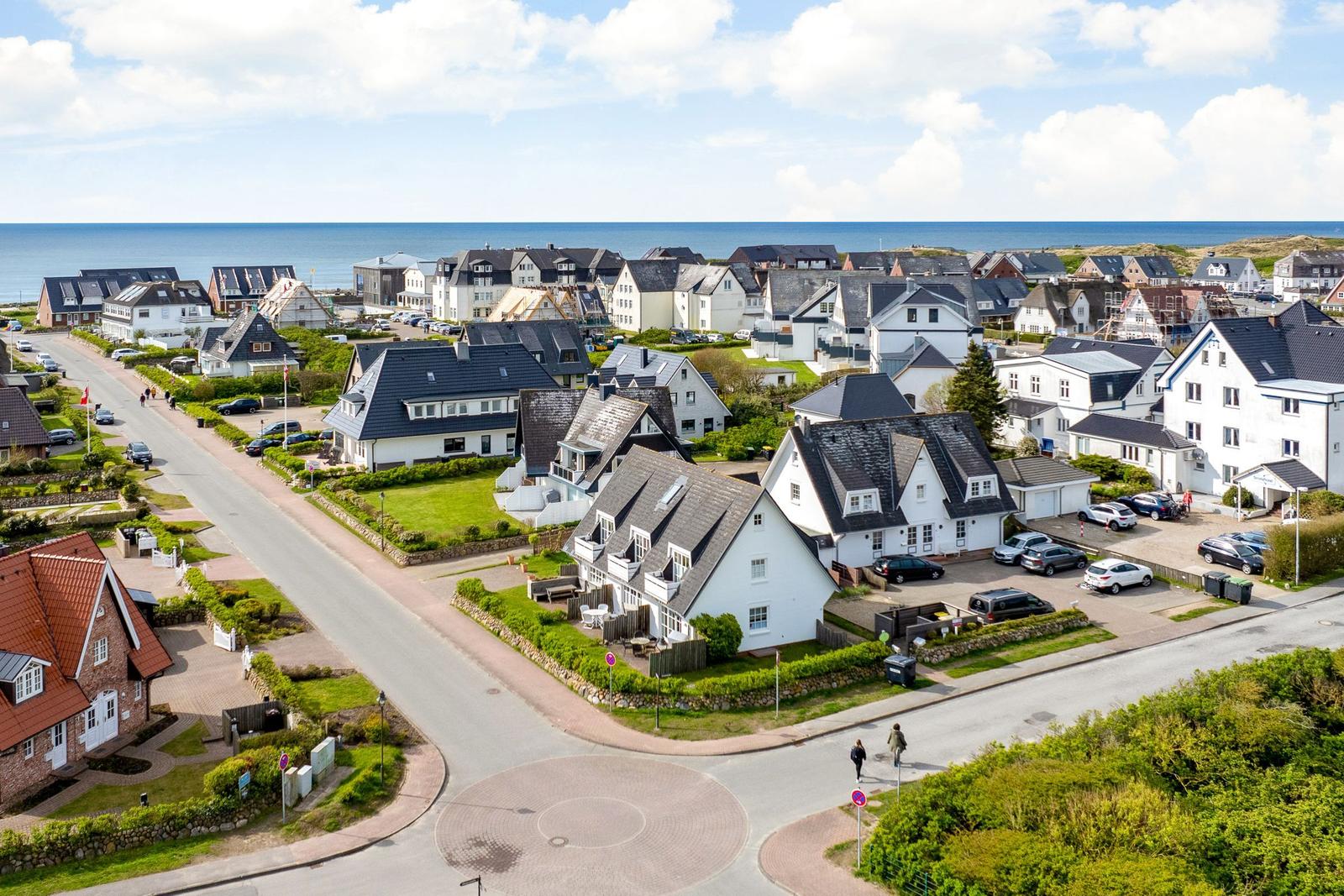 Houses with dark roofs and green gardens near the coast.