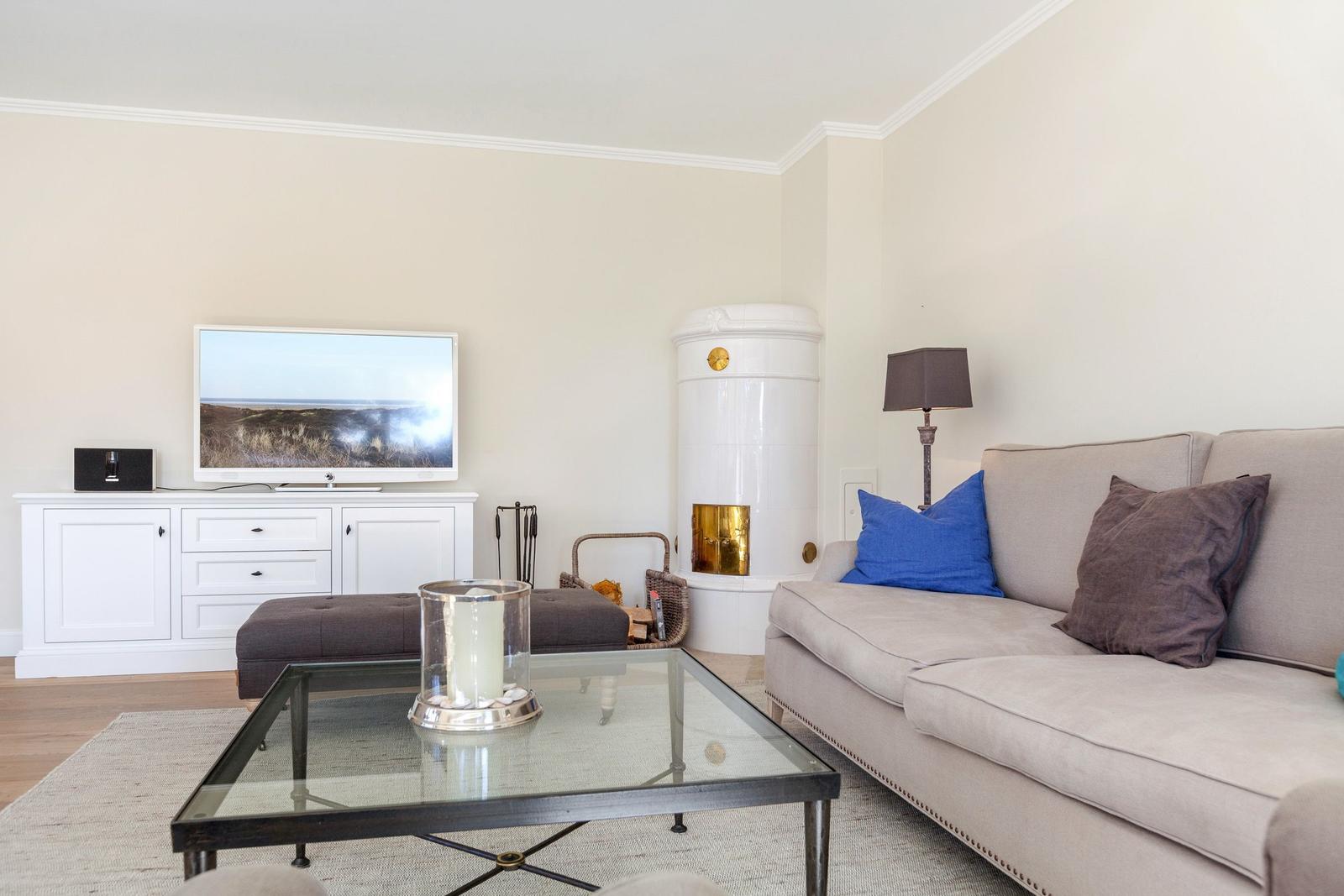 Living room with sofa, TV, and fireplace.