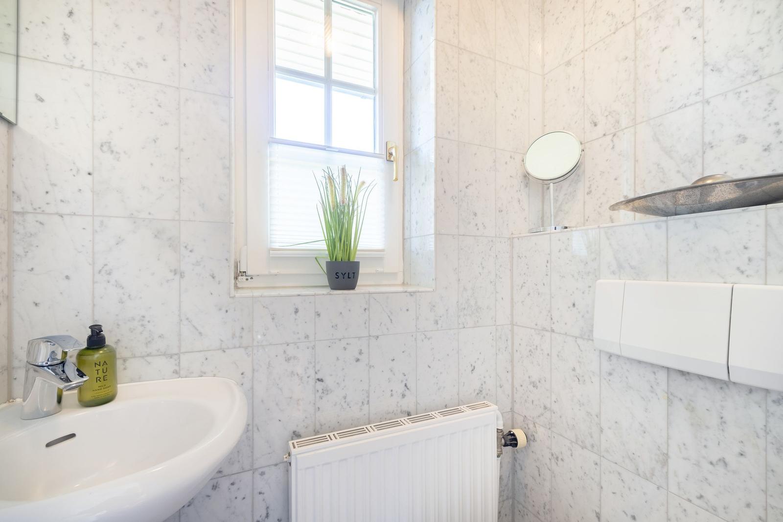 Bathroom with marble walls, sink, mirror, and plant by the window.
