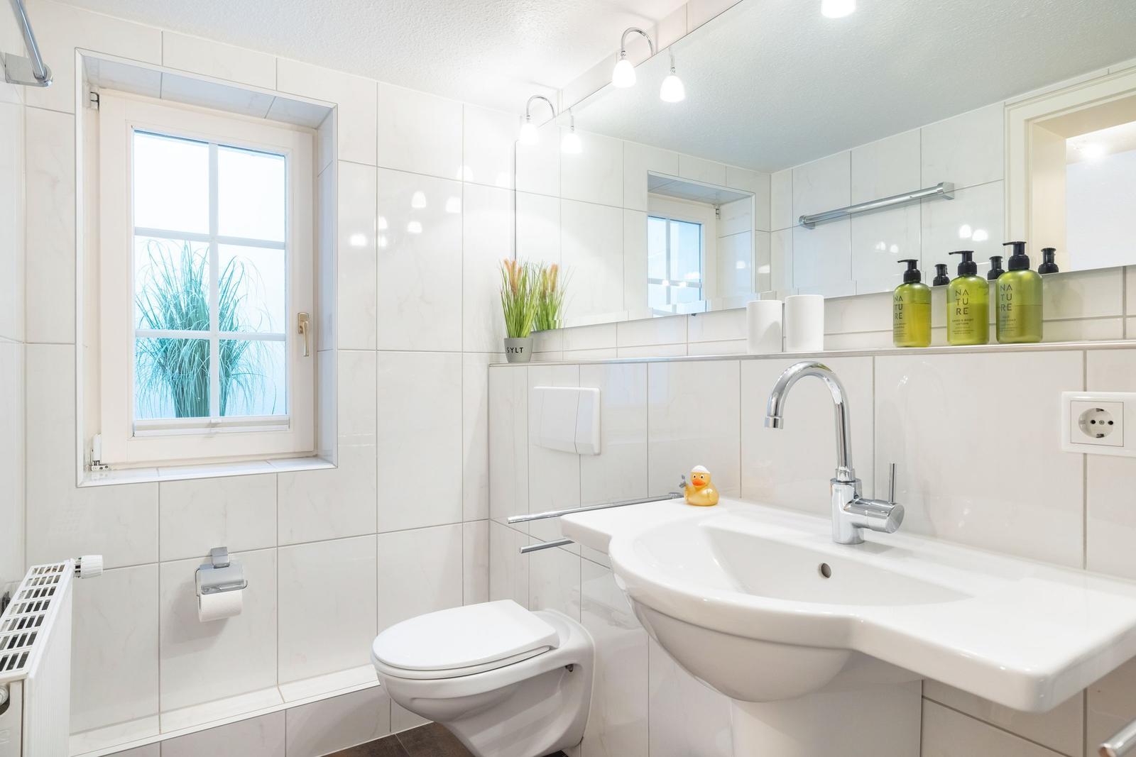 Bathroom with sink, toilet, and window. Green bottles are on the shelf.