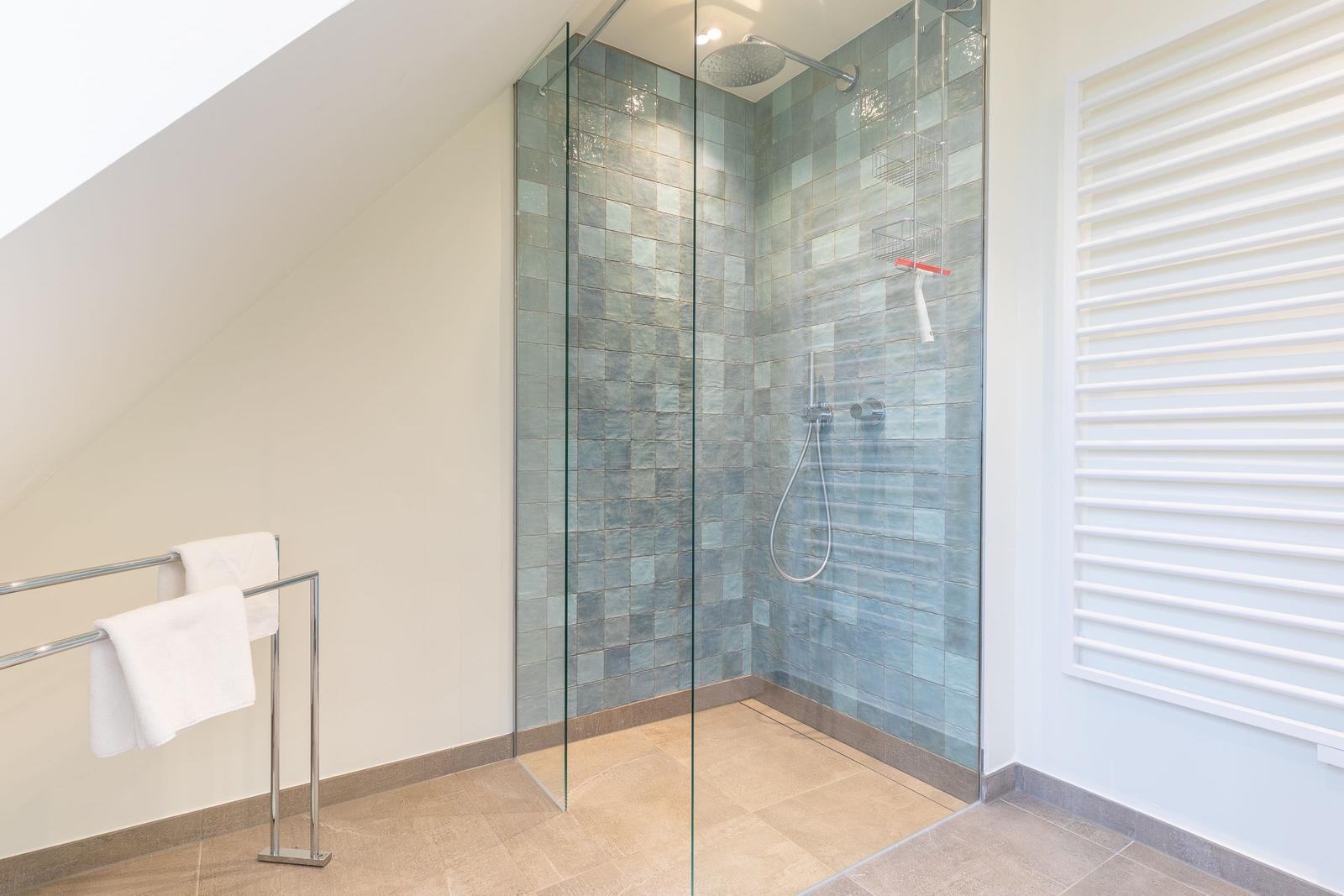Shower with glass enclosure and colored tiles, towel rack and heater