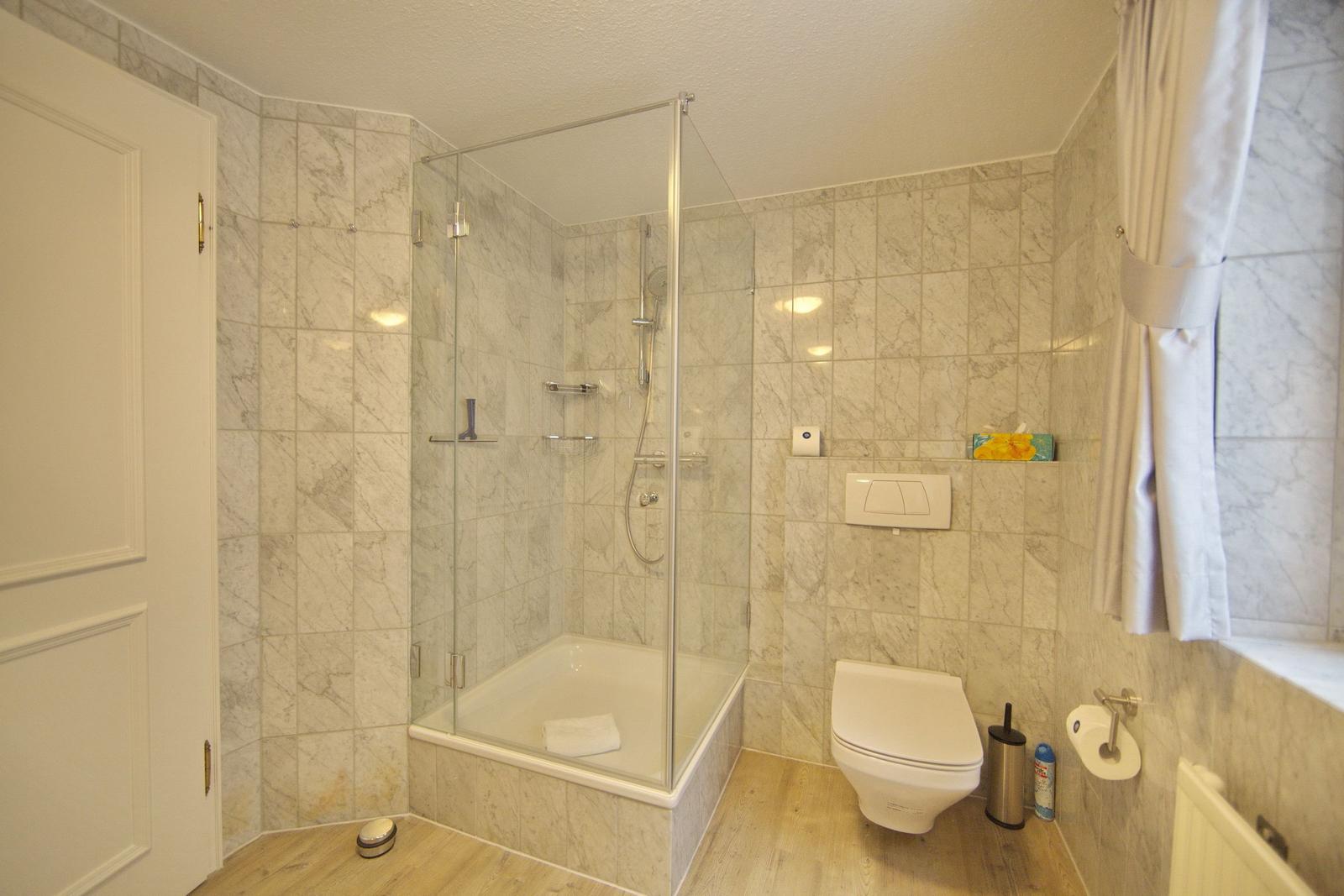 Bathroom with shower, toilet, and window