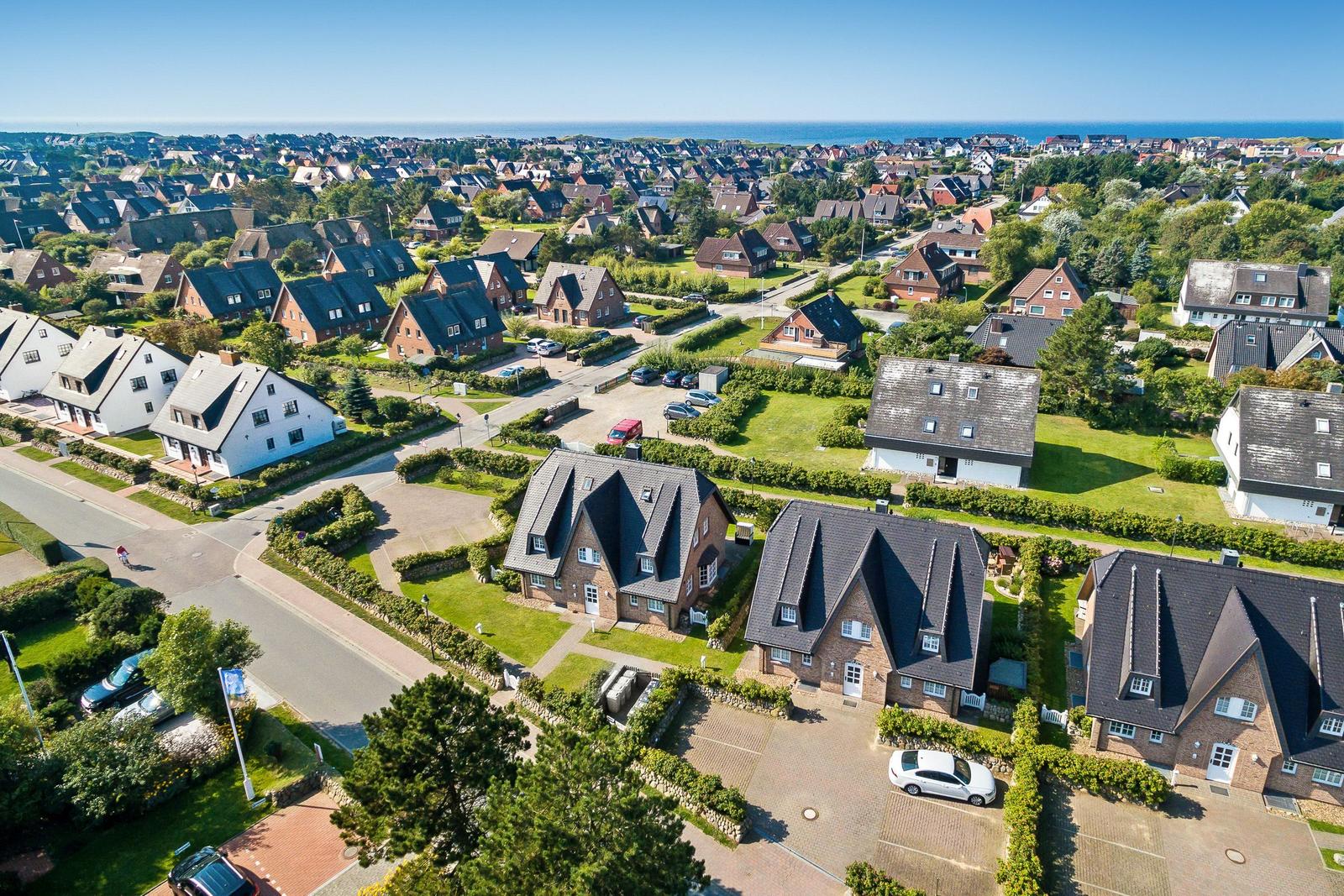 Aerial view of houses with green gardens and sea view
