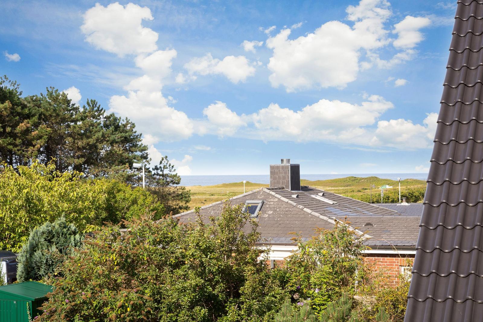 Dach mit Schornstein und Blick auf Meer und Grünflächen