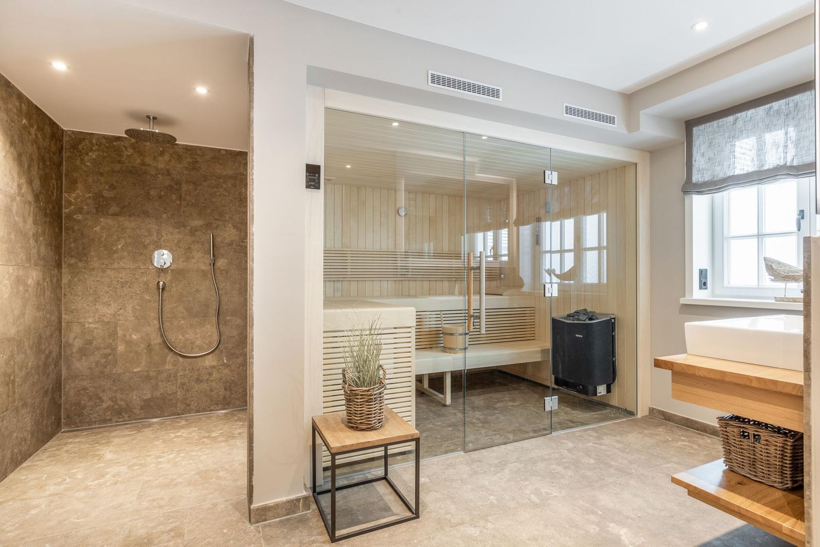 Shower, sauna, and washbasin area in one room.