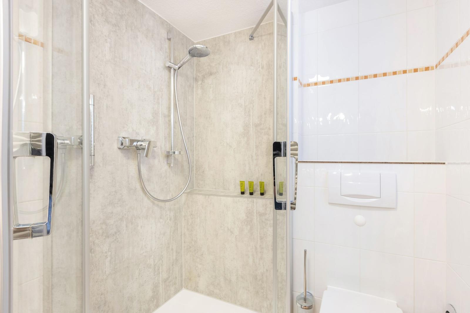 Dusche mit Duschbrause und Toilette im Badezimmer