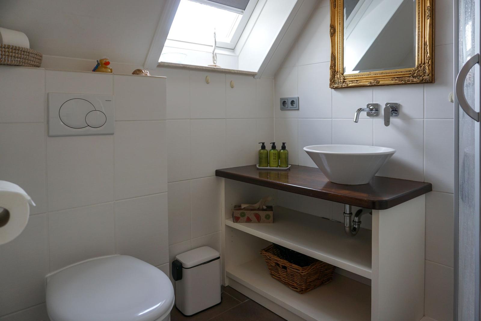 Bathroom with toilet, sink, and shower under sloped ceiling.