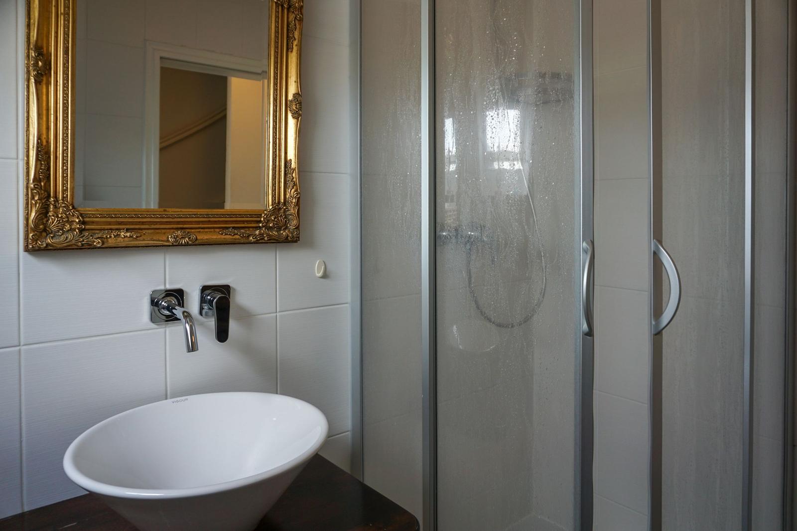 Bathroom with shower enclosure, sink, and gold-framed mirror.