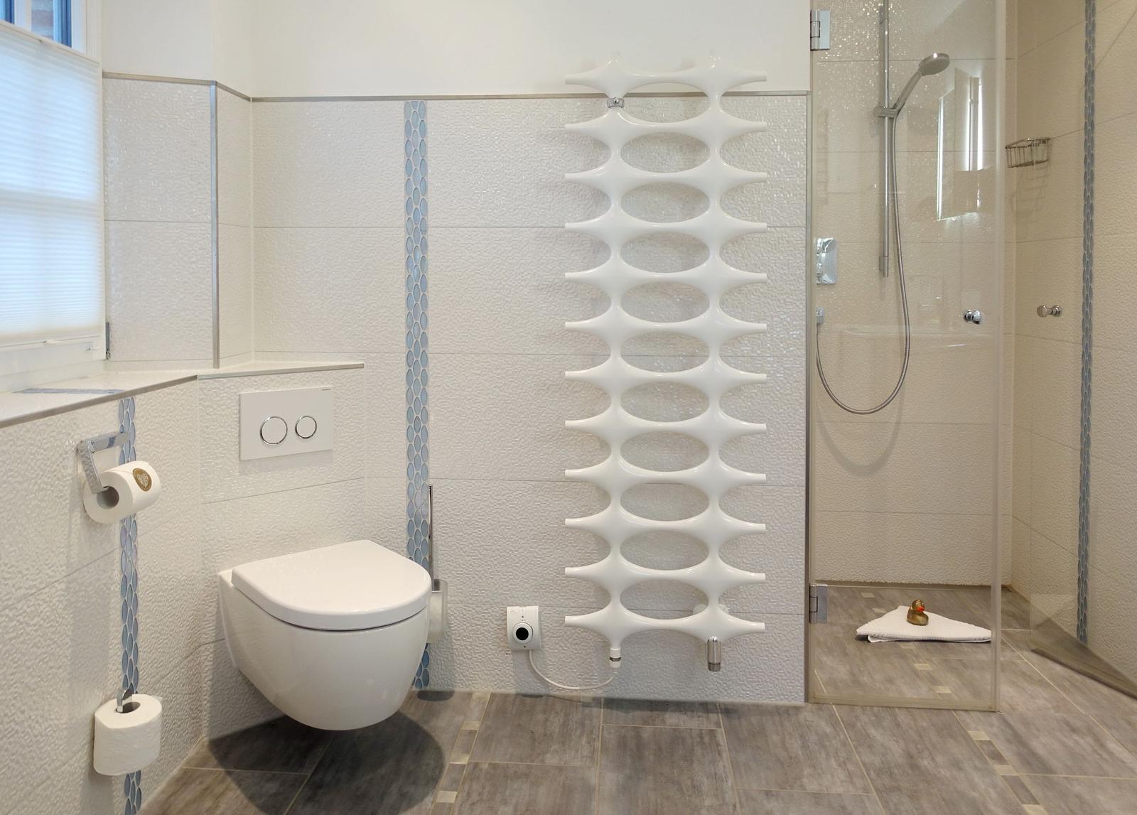 Modern bathroom with shower, toilet, and radiator.