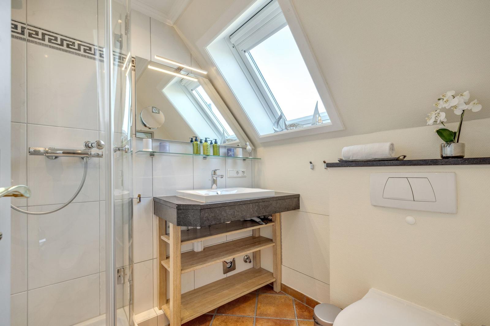 Bathroom with shower, sink, and skylight.