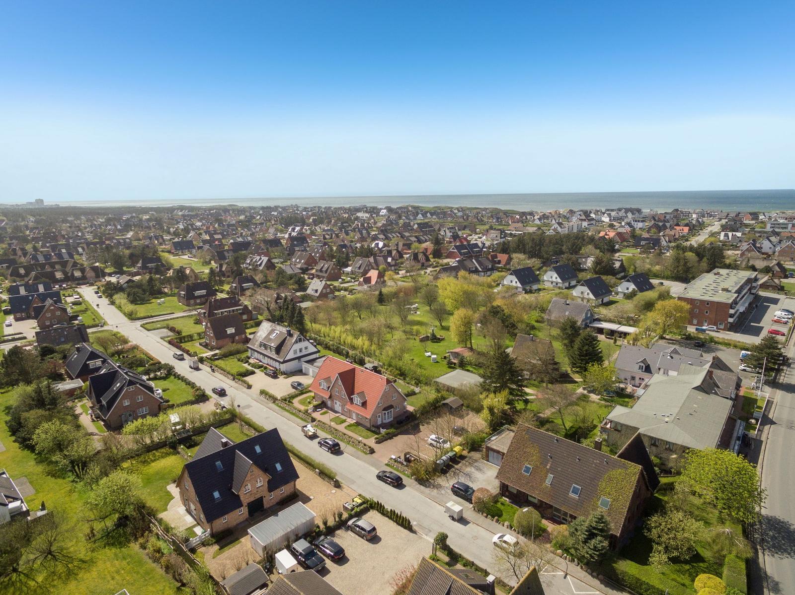 Aerial view of residential area near sea with houses and greenery.