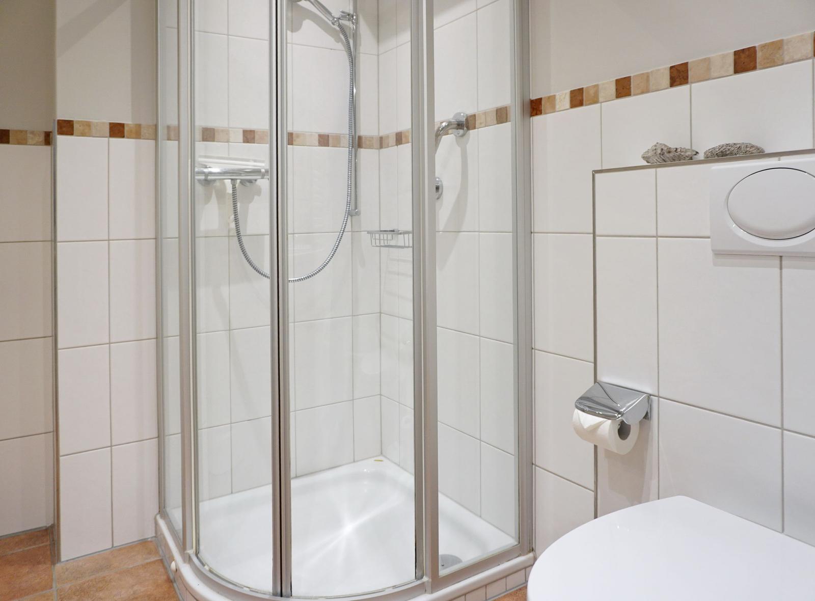 Duschkabine mit Glaswand, Toilette und Toilettenpapierhalter an Wand.