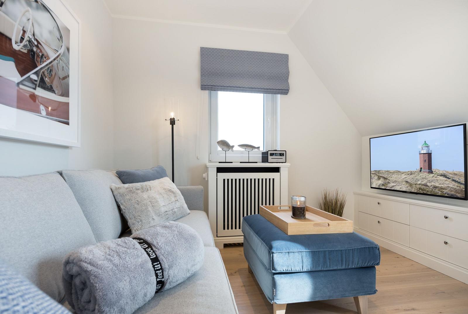 Wohnzimmer mit Sofa, blauem Sitzkissen und Fernseher.