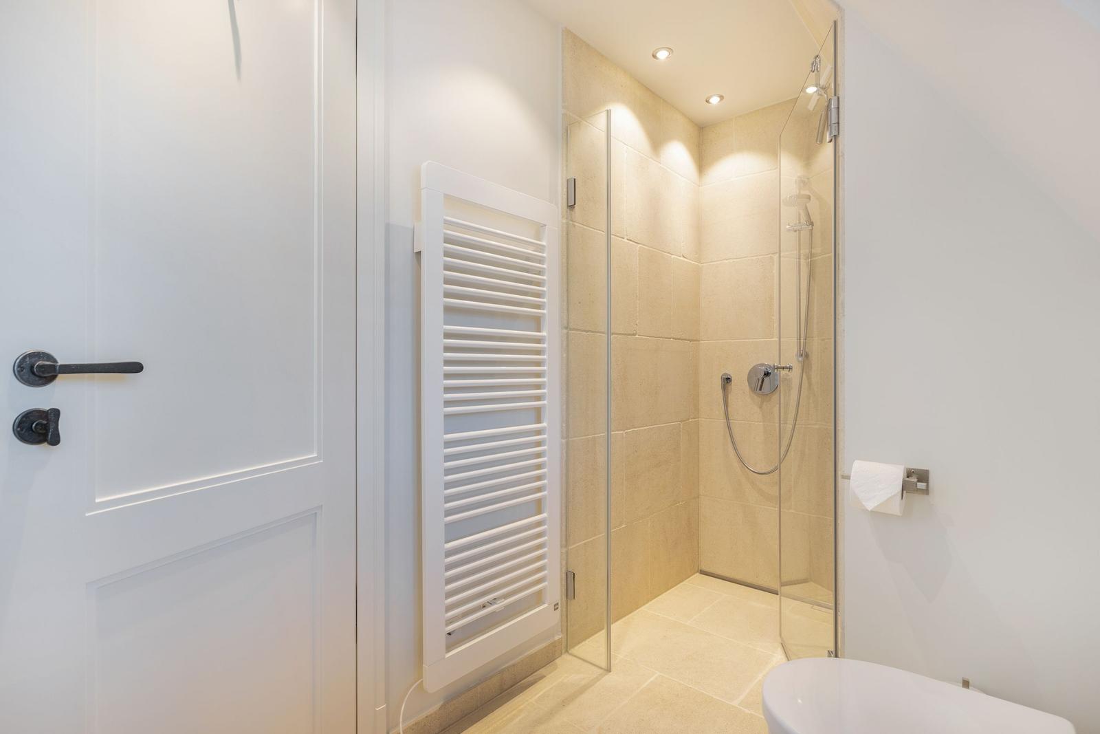 Shower with glass enclosure, toilet, and wall-mounted heater