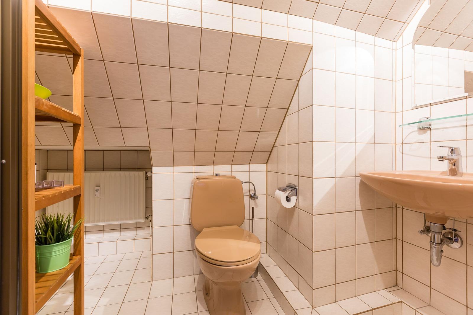 Bad mit Toilette, Waschbecken und Holzregal. Dachschrägen Decke und Fliesenwand.