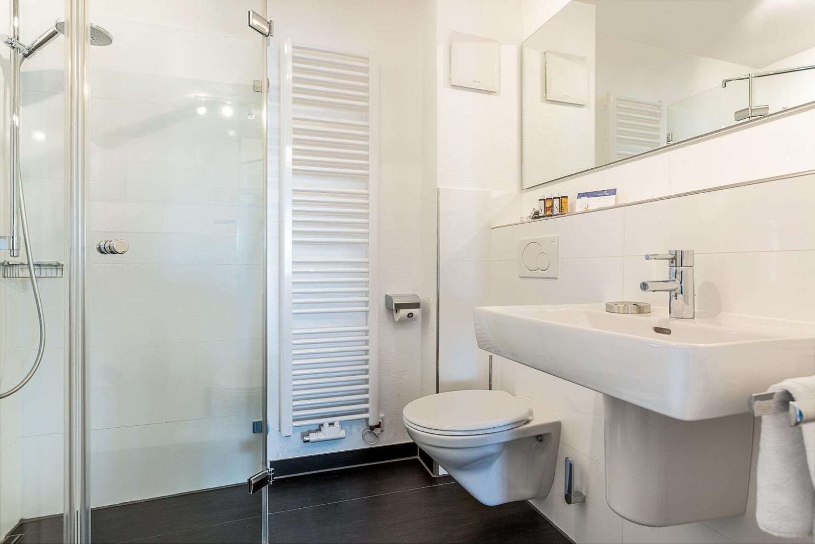 Shower, sink and toilet in a modern bathroom.