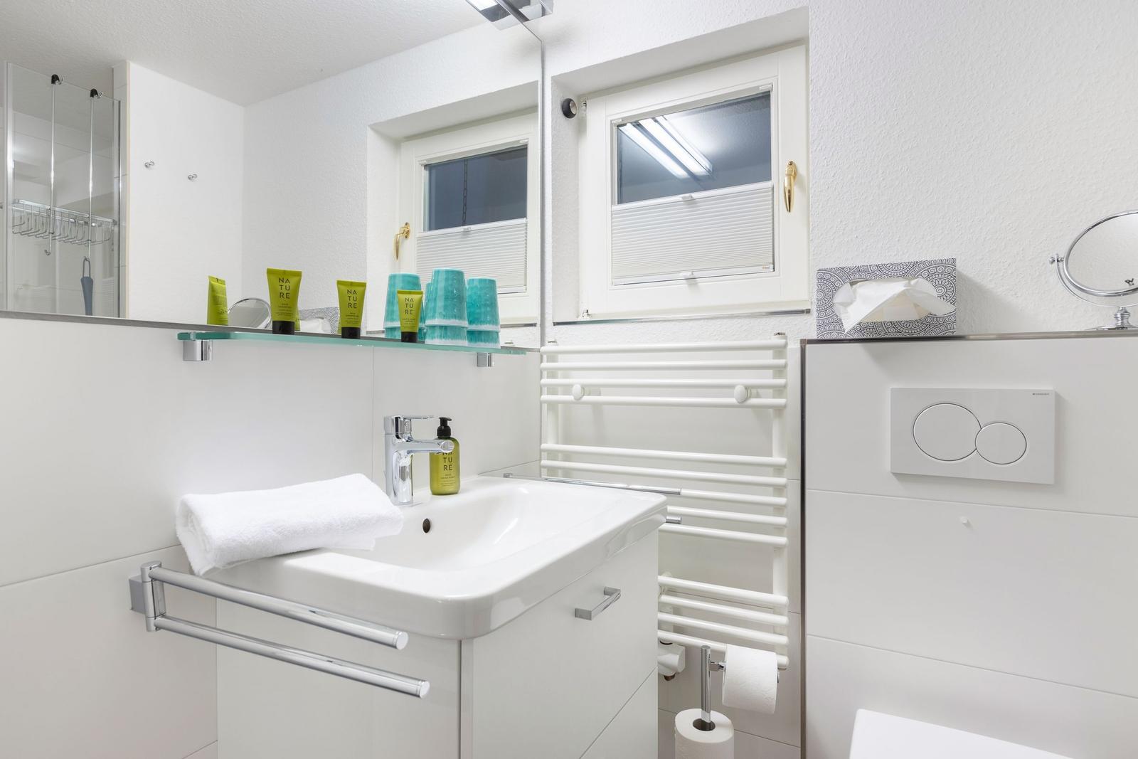 Badezimmer mit Waschbecken, Spiegel, Toilette und Heizkörper.