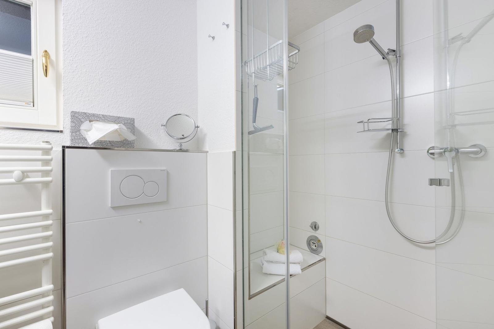 Badezimmer mit Dusche, Toilette und Heizung