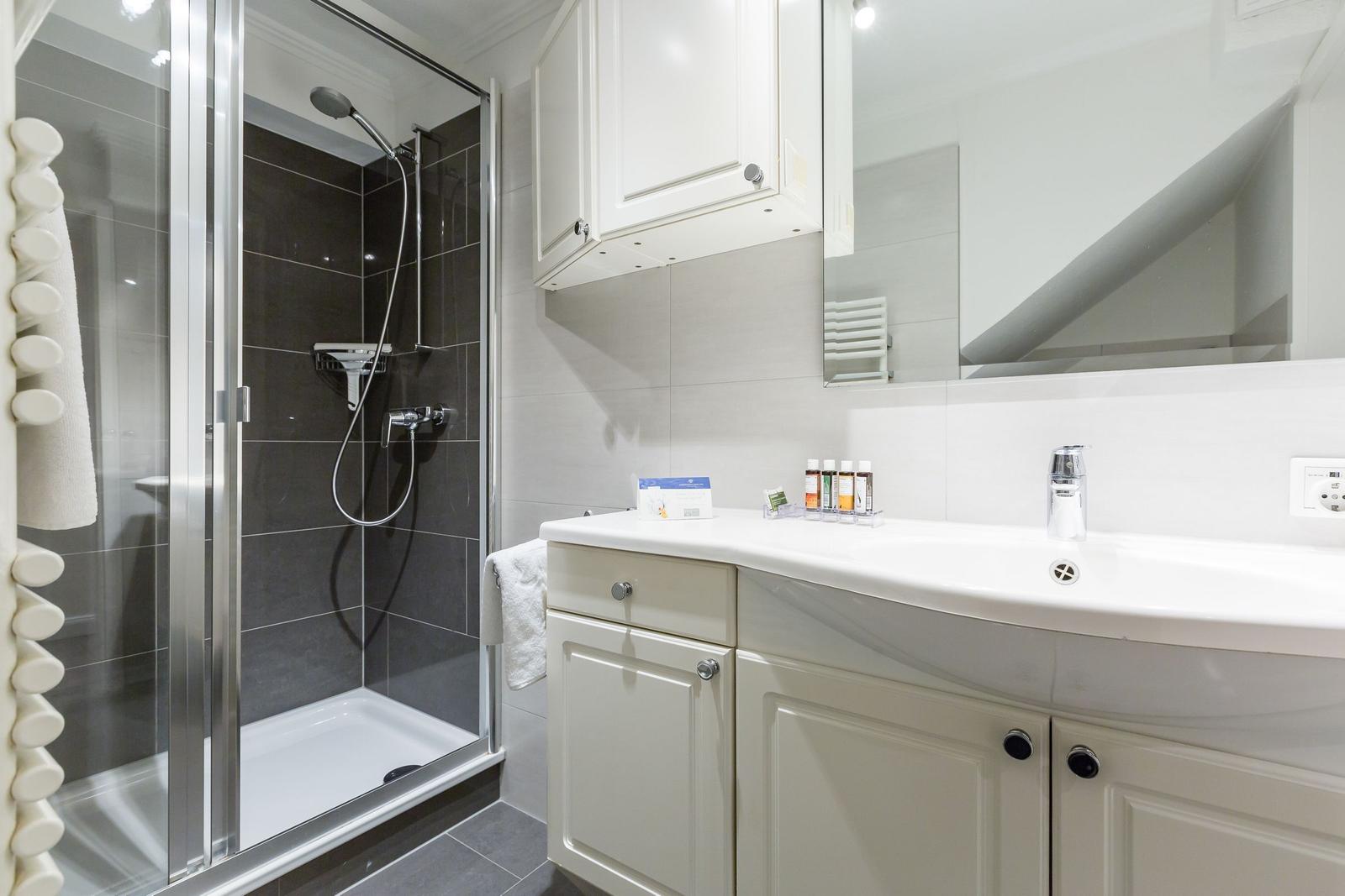 Badezimmer mit Dusche, Waschbecken und Spiegelschrank