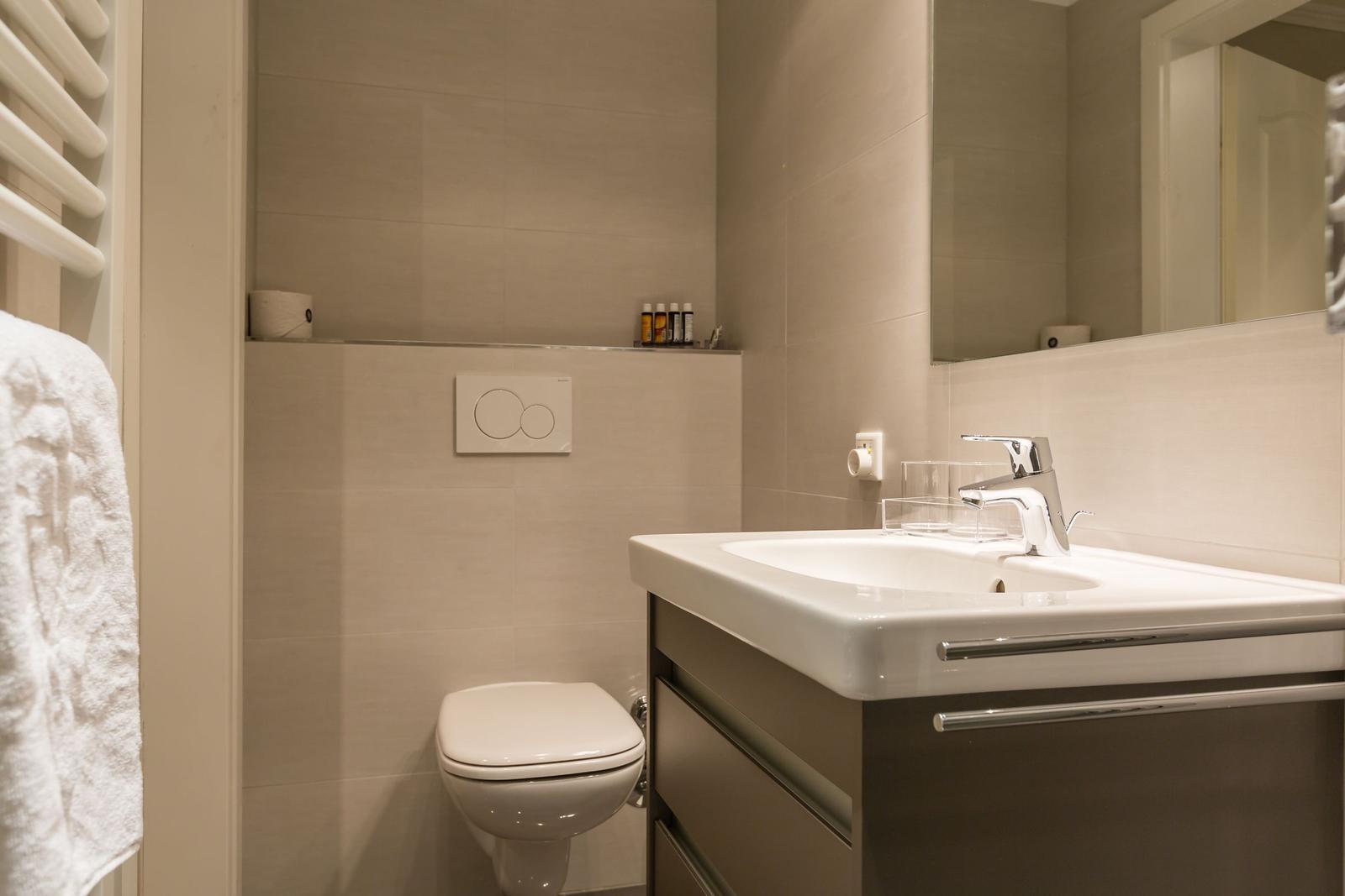 Badezimmer mit Waschbecken, Spiegel, Toilette und Handtuchhalter.