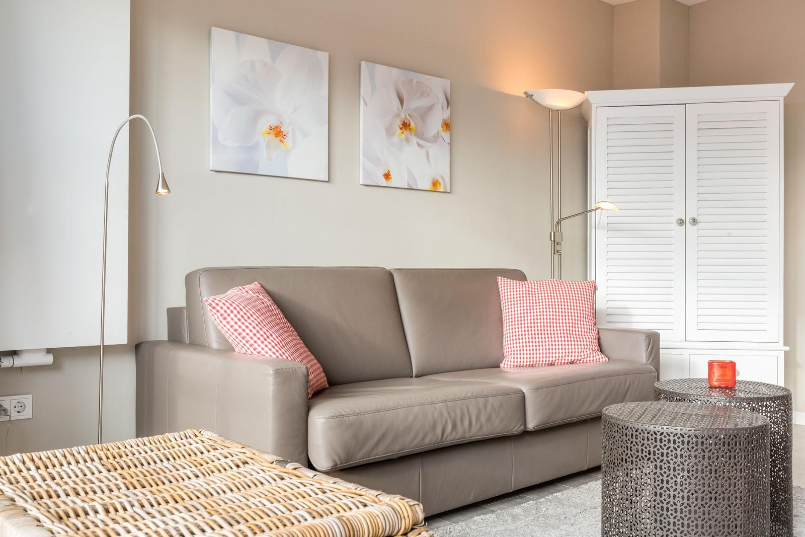 Gray sofa with checkered cushions, wall art, and white louvered cabinet.