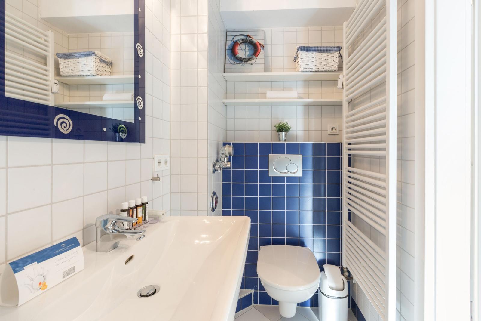 Bathroom with sink, toilet, and blue tiles