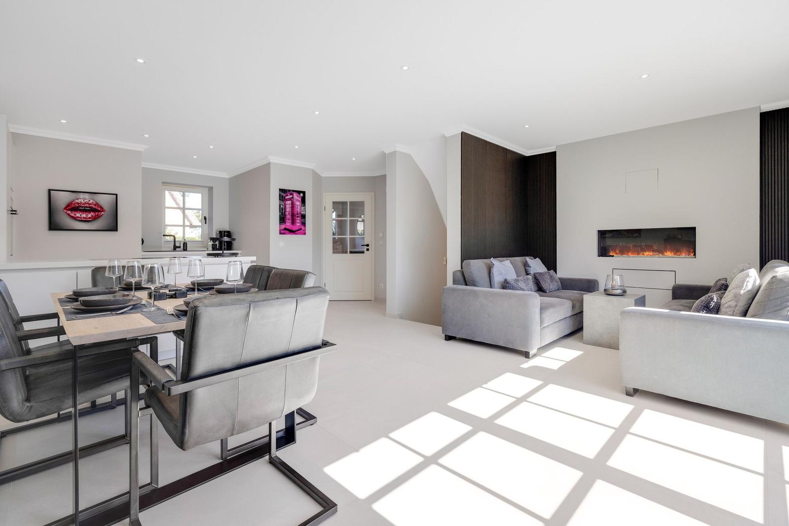 Modern living and dining area with sofa, dining table, and fireplace.