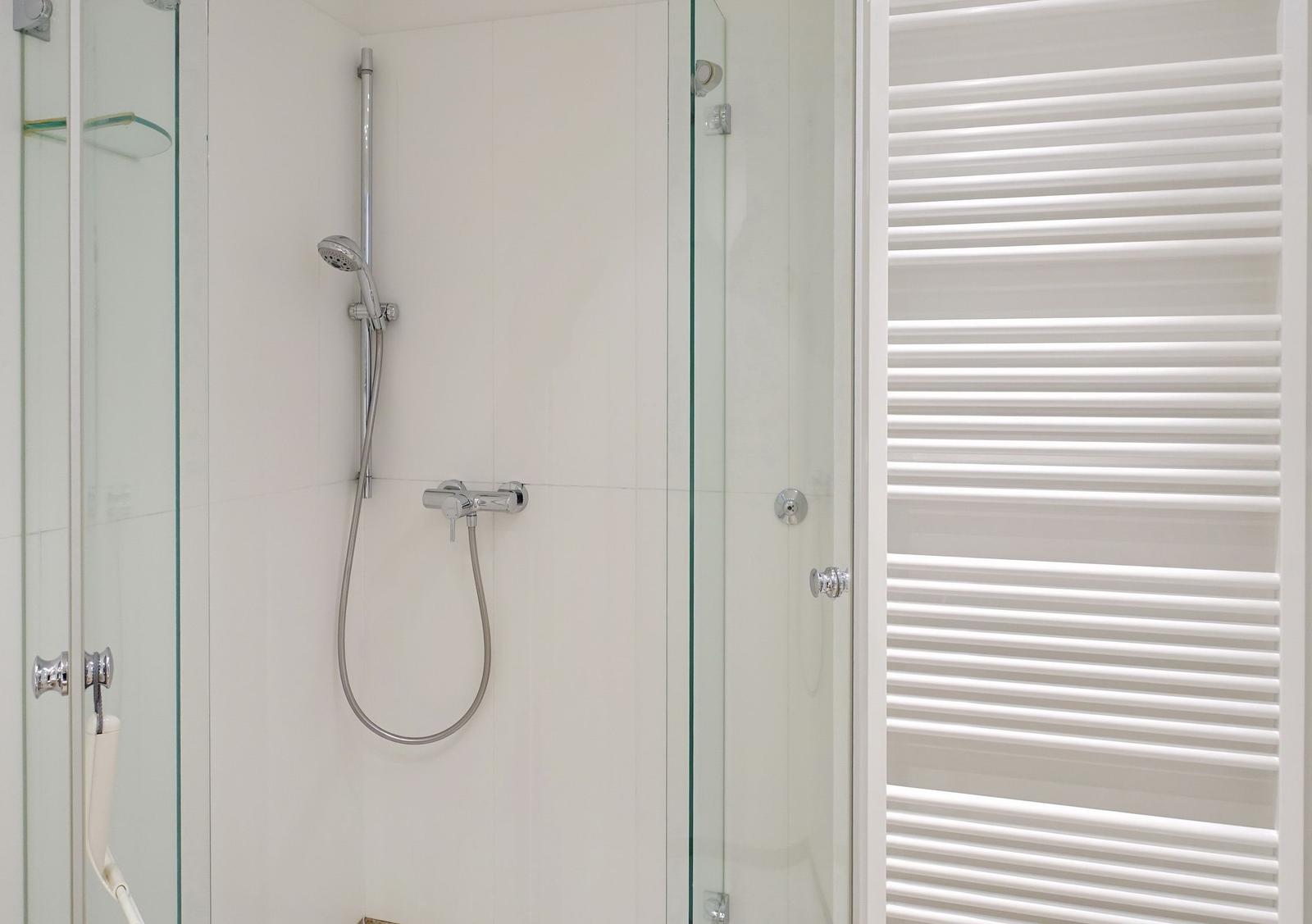 Shower with glass enclosure and handheld shower, next to heater.