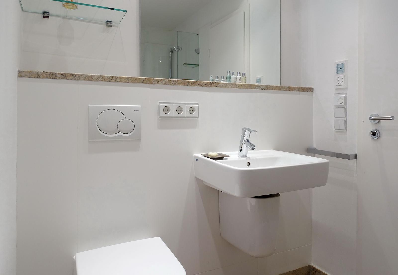 Bathroom with sink, mirror, and toilet. Modern fixtures and light-colored walls.