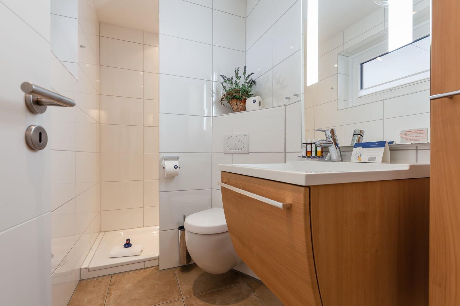 Bathroom with shower, toilet, and sink with mirror.