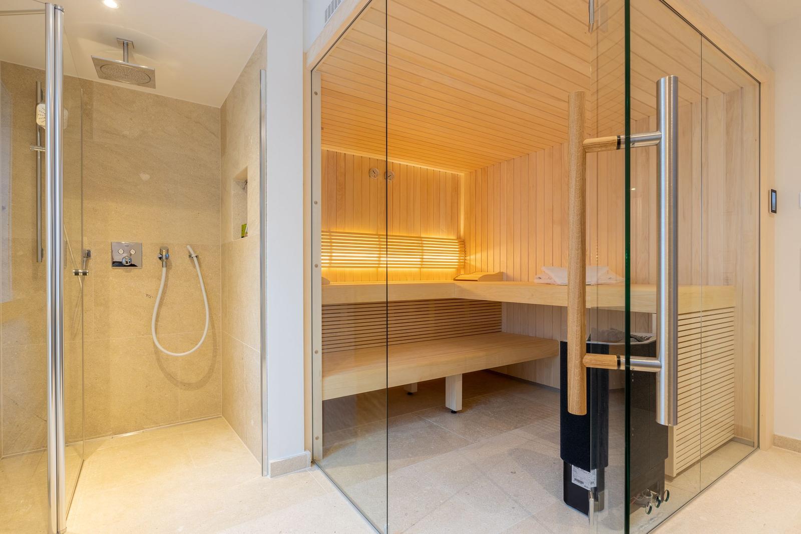Dusche und Sauna mit Glaswänden und Holzbänken.