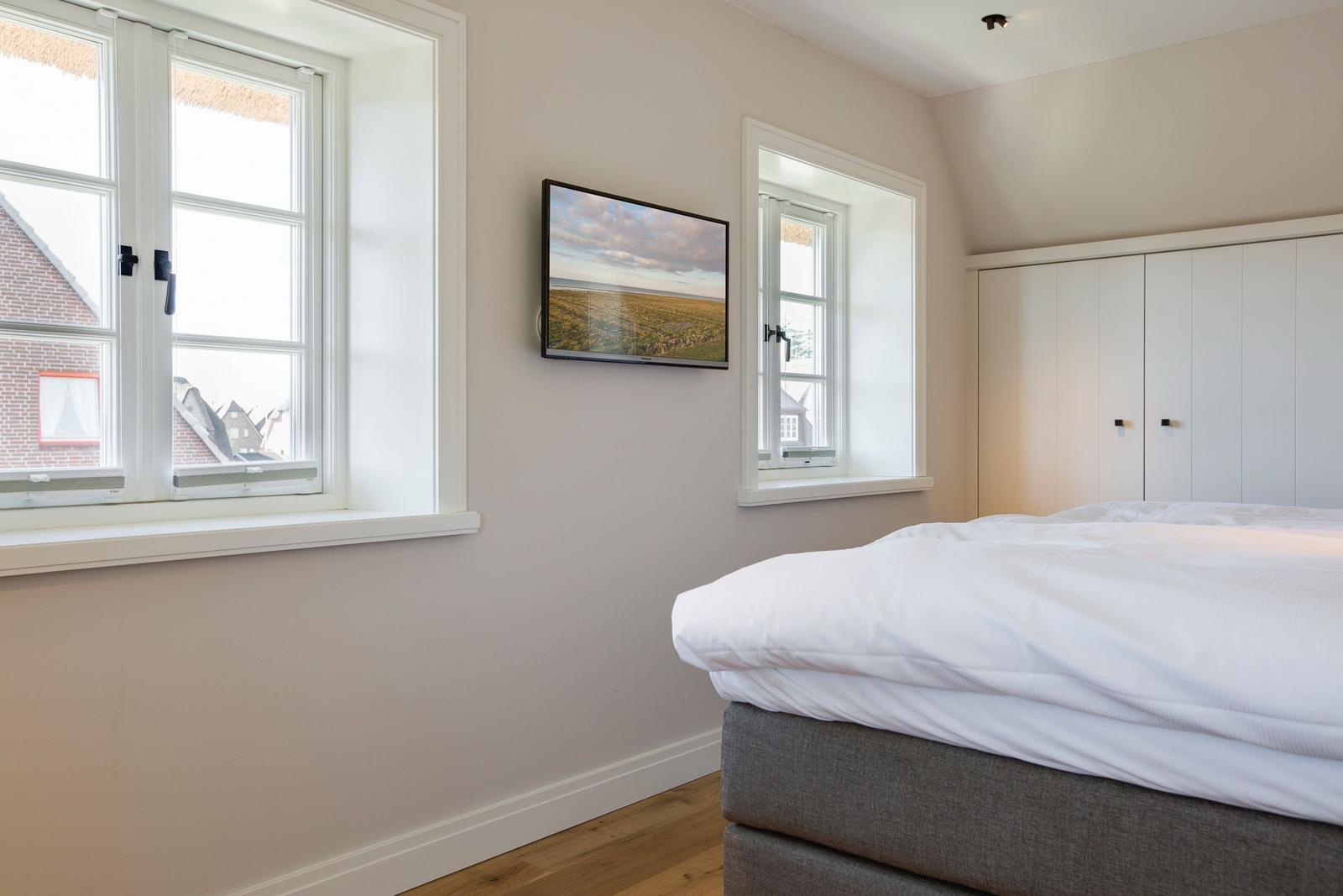 Bedroom with bed, TV, and two windows.