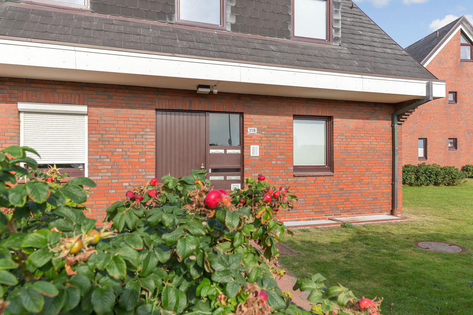 Red brick house with entrance door and windows. Front garden with rose hedge.