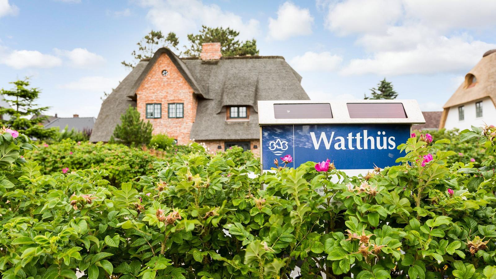 Wohnhaus mit Strohdach und Schild Watthüs im grünen Garten