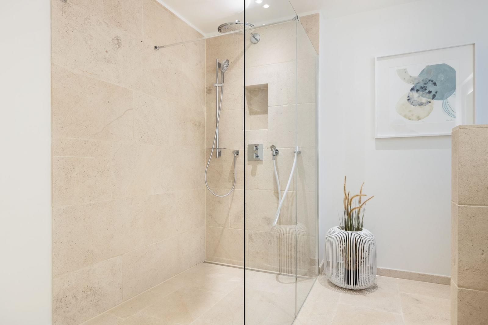 Dusche mit Glaswand, Steinwand und Pflanze im Bad.