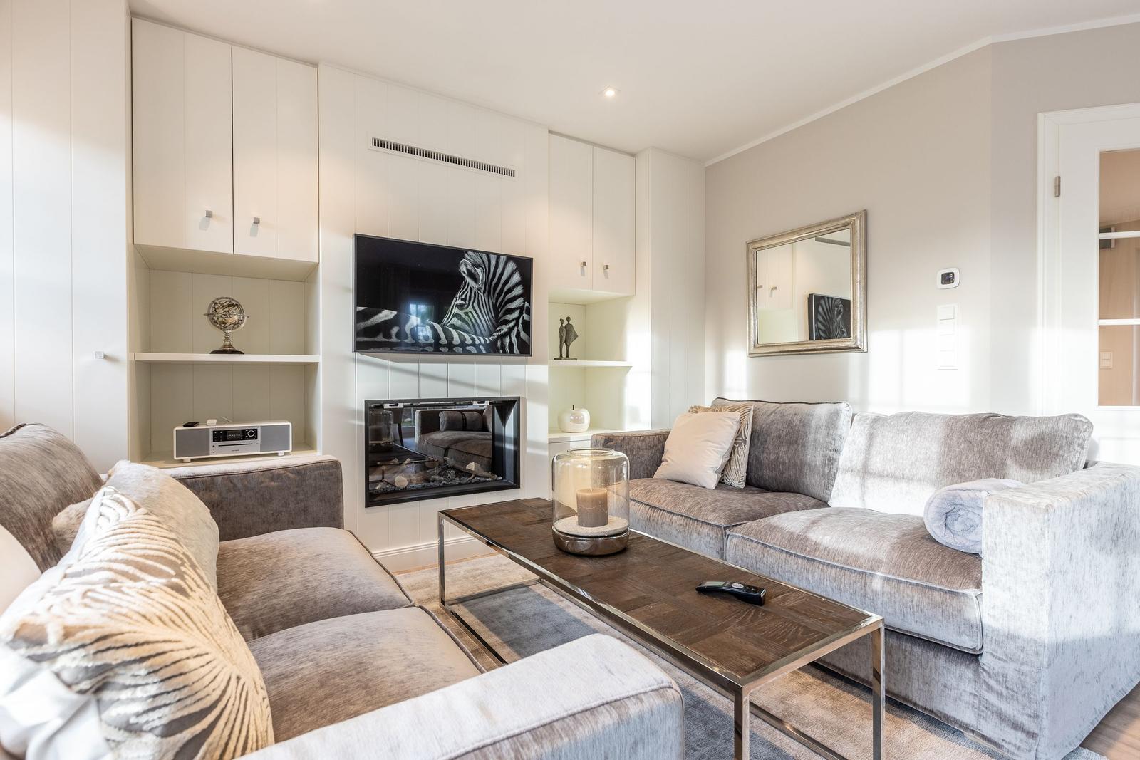 Living room with sofa, TV, and fireplace