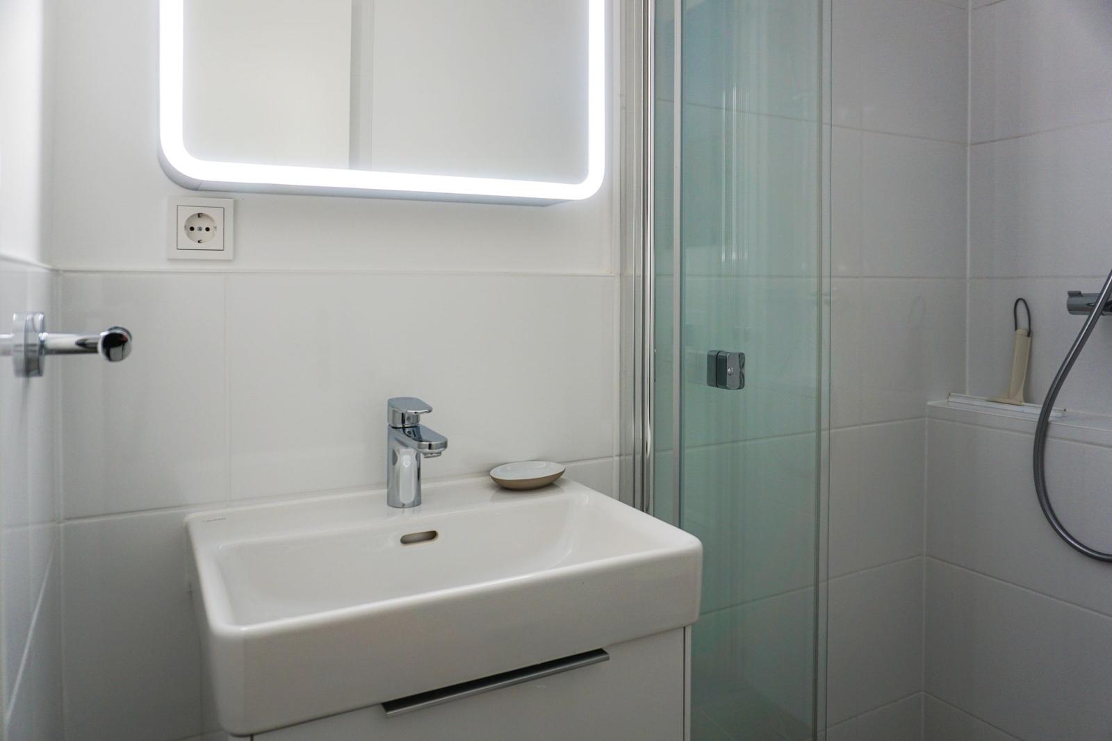 Bathroom with sink, mirror cabinet, and shower.