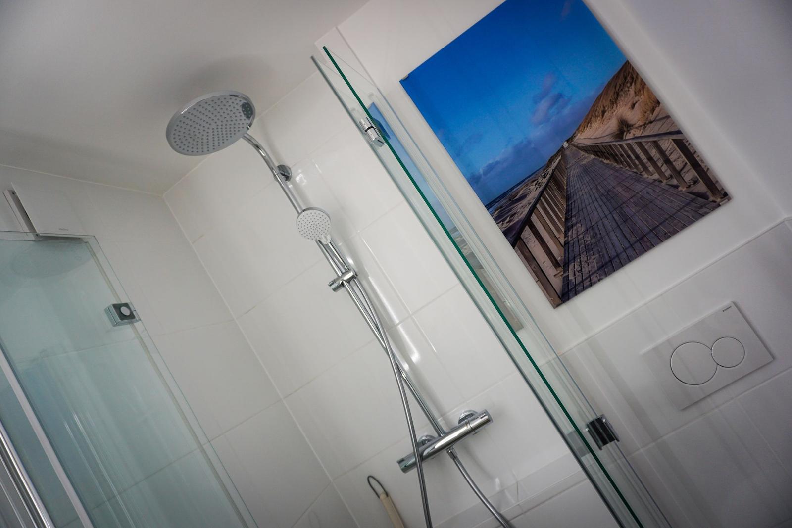 Shower with glass enclosure and wall art