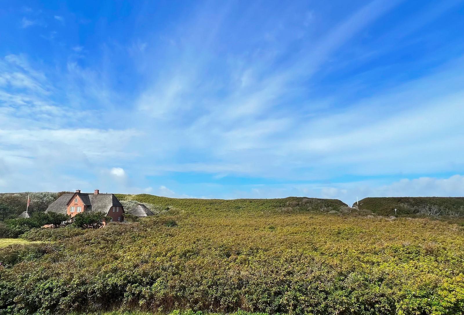 Haus mit Schindeldach auf grüner Hügellandschaft unter blauem Himmel.