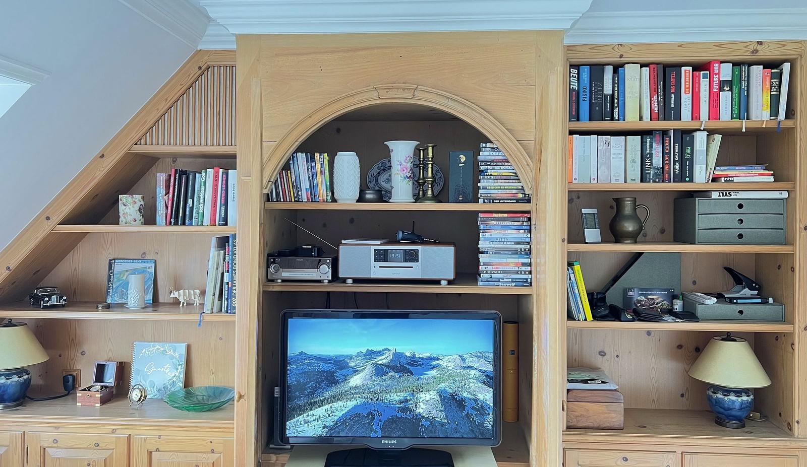 Holzregal mit Fernseher, Büchern und Medien