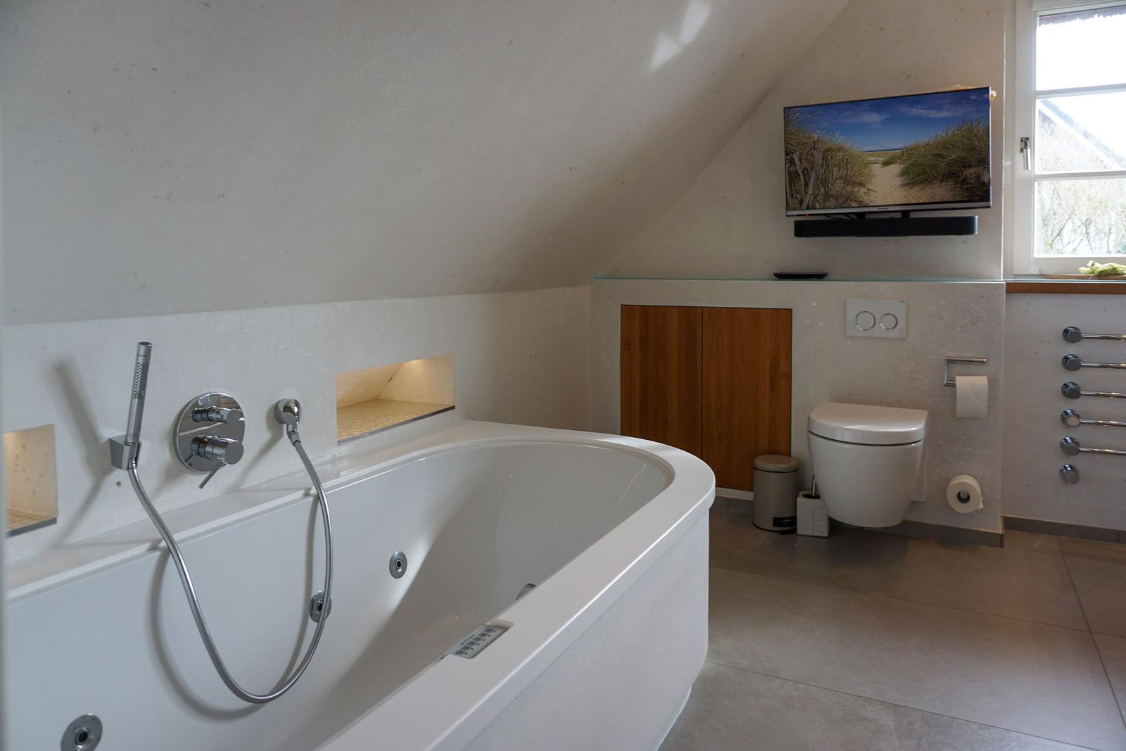 Bath with whirlpool, toilet, and TV mounted on the wall