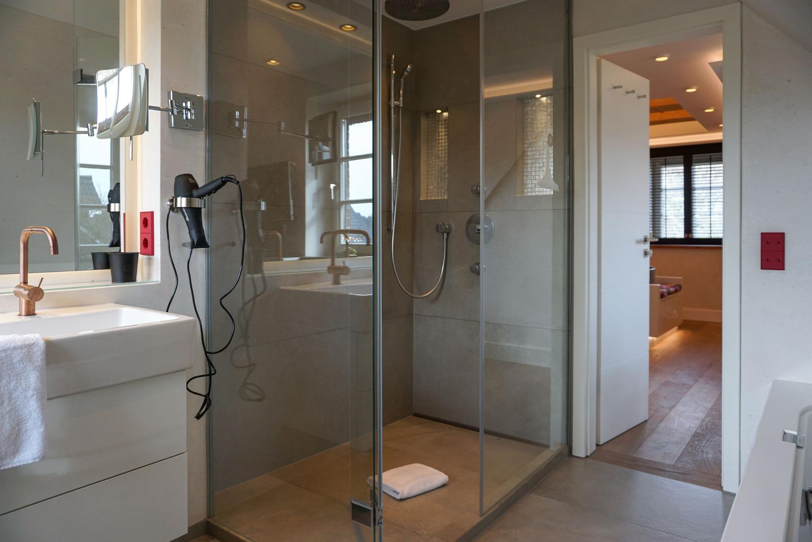 Shower with glass enclosure, sink, and mirror. Door leads to bedroom.