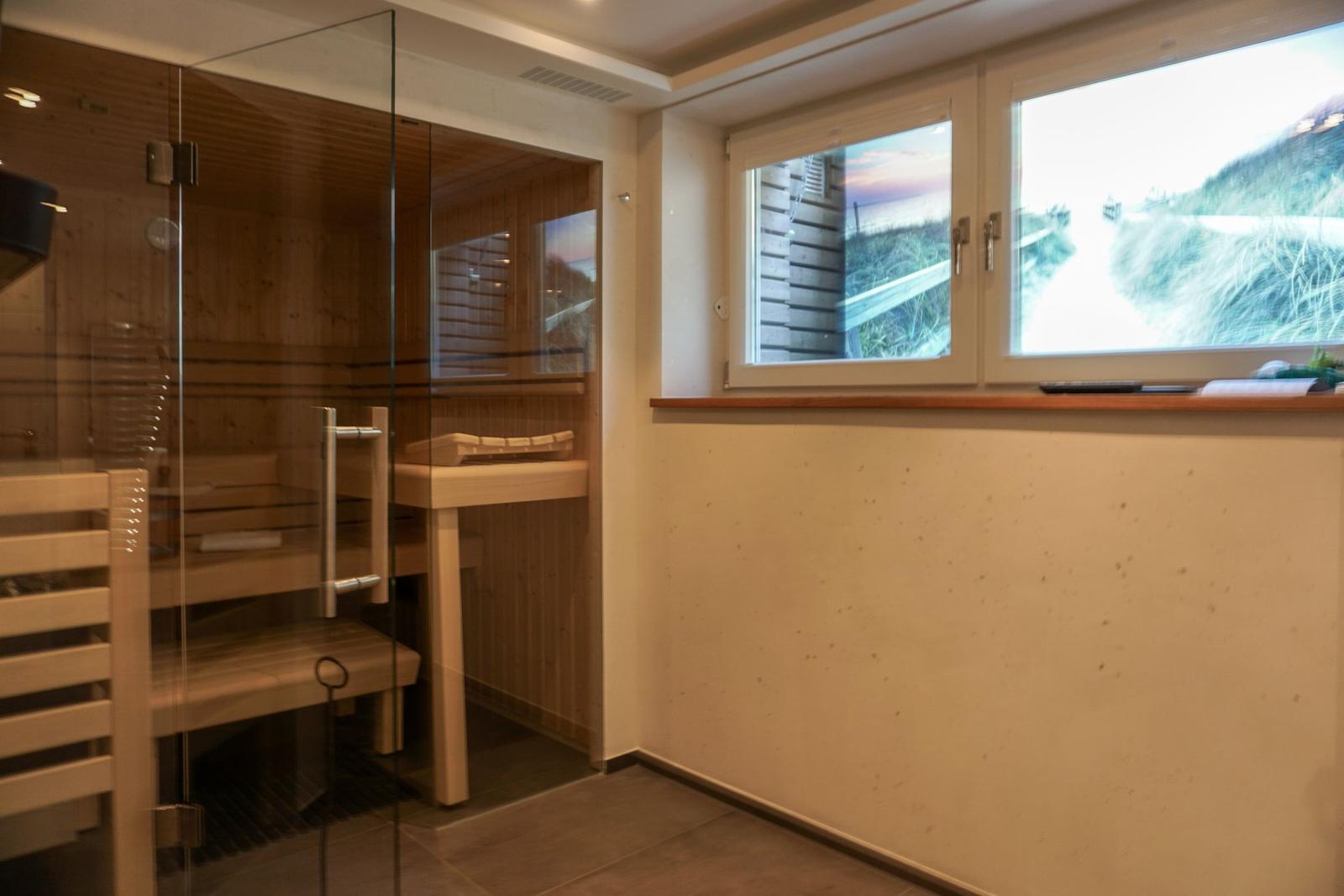 Sauna with glass wall and benches. Window shows landscape.