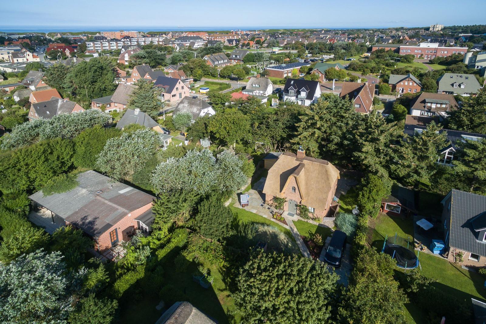 Thatched-roof house surrounded by greenery and trees, view of coastal town in the background.
